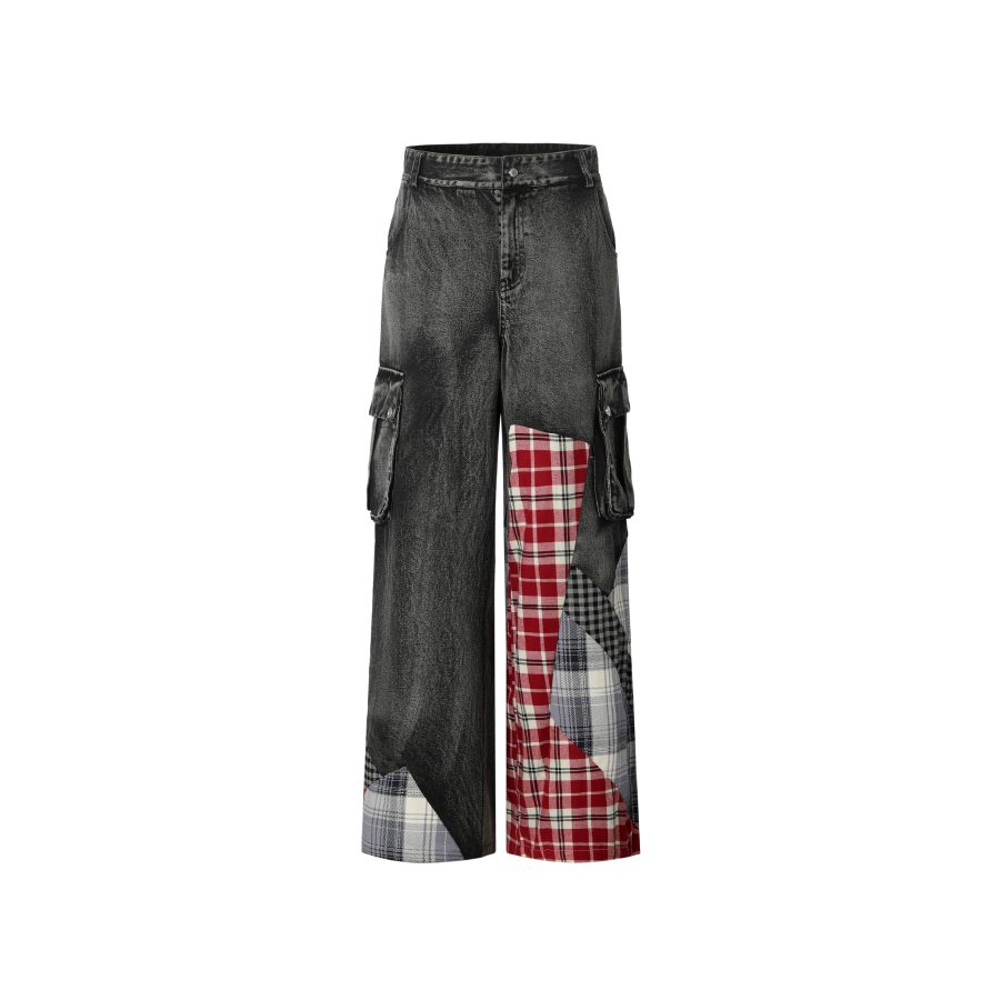 Weird Market Plaid Patch Denim Pants Black