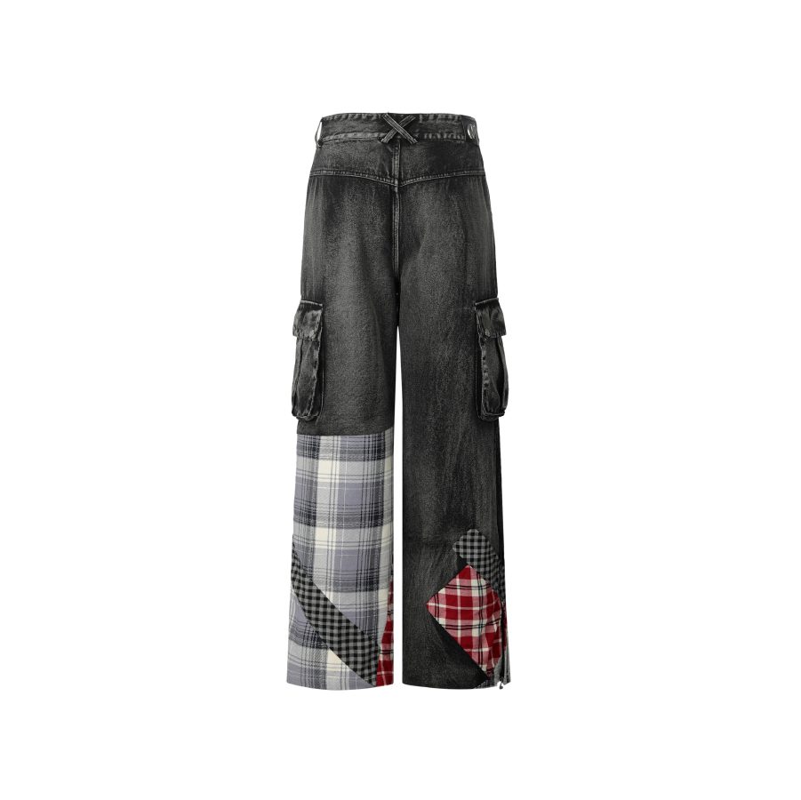 Weird Market Plaid Patch Denim Pants Black fabric detail