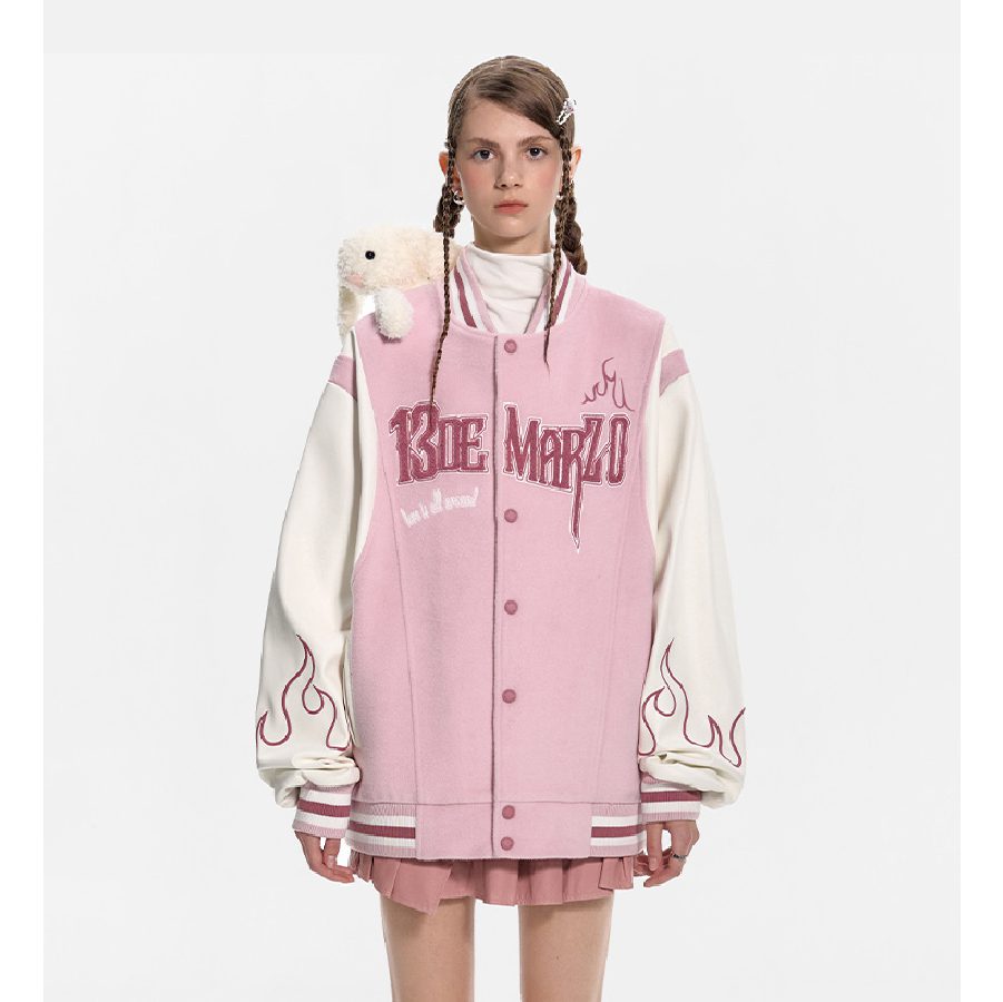 13De Marzo Plush Rabbit Flame Baseball Jacket Pink back view