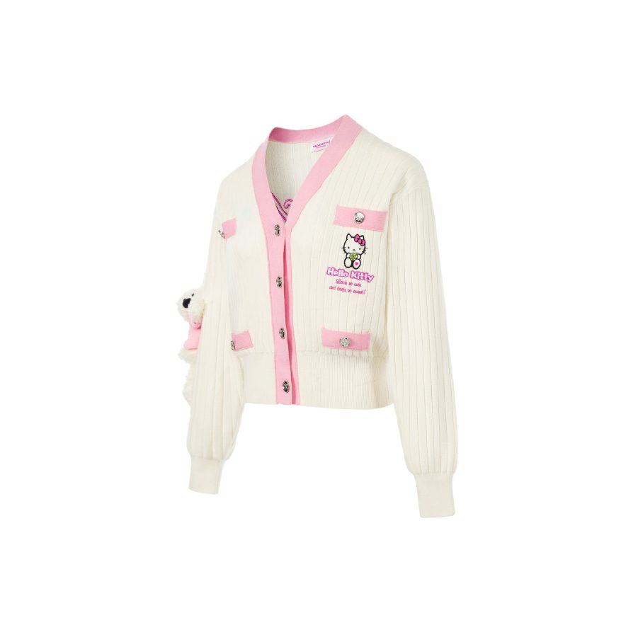 13De Marzo X Hello Kitty Color Blocked Bear Cardigan White fabric detail