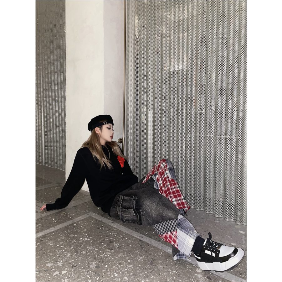 Weird Market Plaid Patch Denim Pants Black detail view