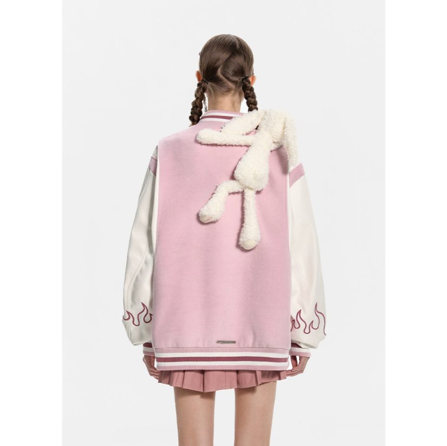 13De Marzo Plush Rabbit Flame Baseball Jacket Pink front view