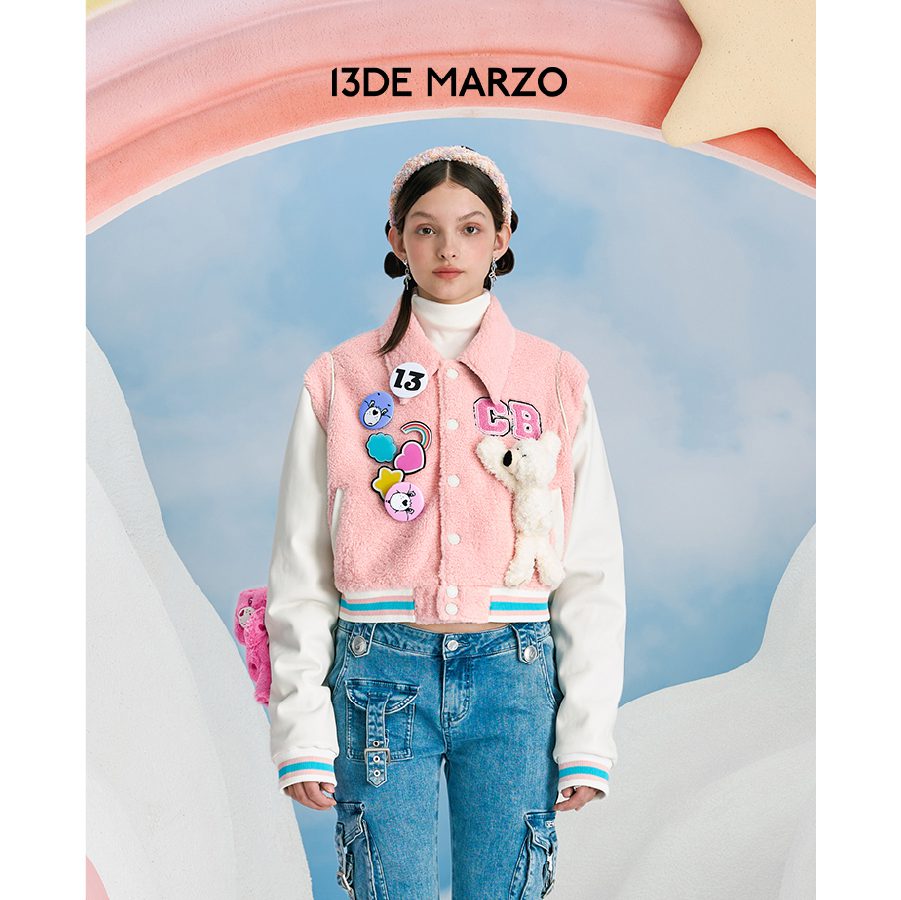 13De Marzo X Care Bears Short Baseball Jacket Pink front view