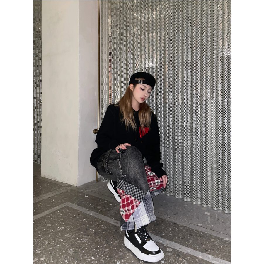 Weird Market Plaid Patch Denim Pants Black back view