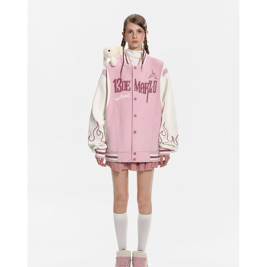 13De Marzo Plush Rabbit Flame Baseball Jacket Pink detail view