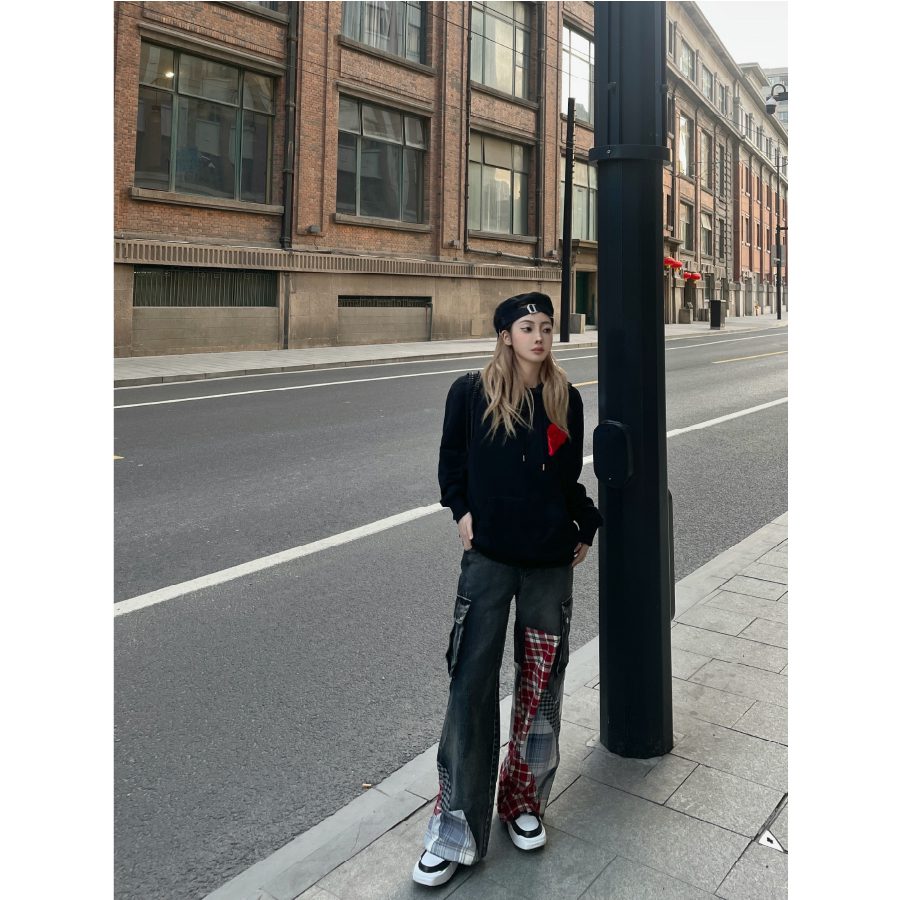 Weird Market Plaid Patch Denim Pants Black front view