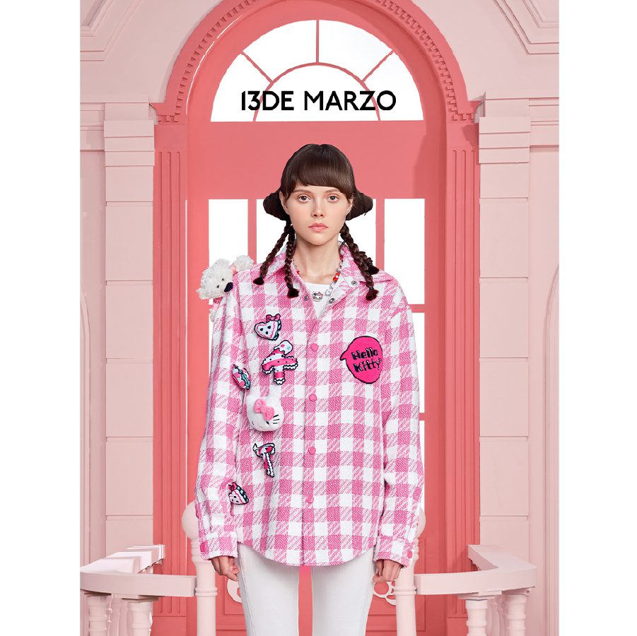 13De Marzo X Hello Kitty Plush Toy Plaid Shirt Pink front view