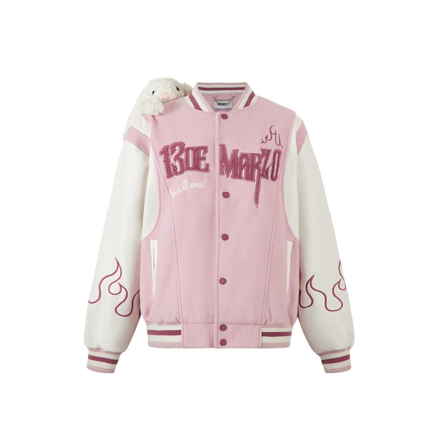 13De Marzo Plush Rabbit Flame Baseball Jacket Pink