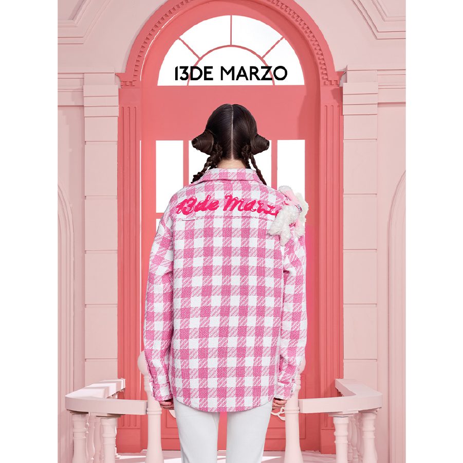 13De Marzo X Hello Kitty Plush Toy Plaid Shirt Pink back view