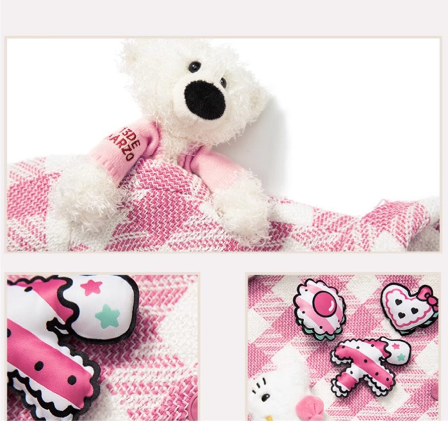 13De Marzo X Hello Kitty Plush Toy Plaid Shirt Pink fabric detail