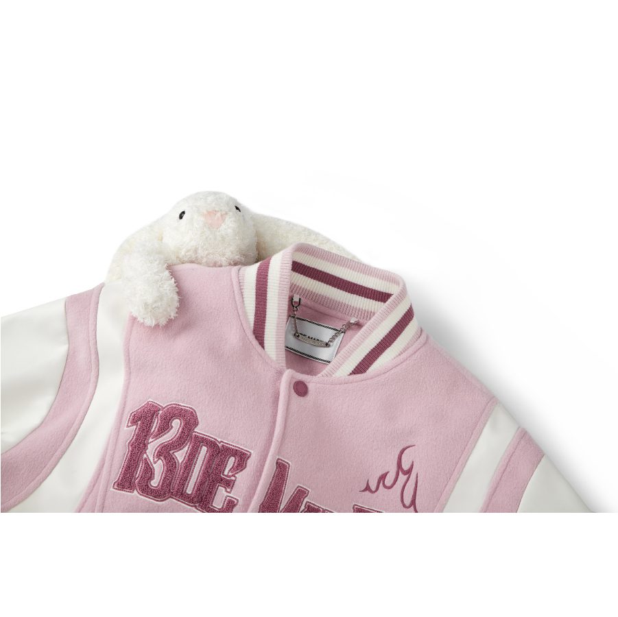 13De Marzo Plush Rabbit Flame Baseball Jacket Pink fabric detail