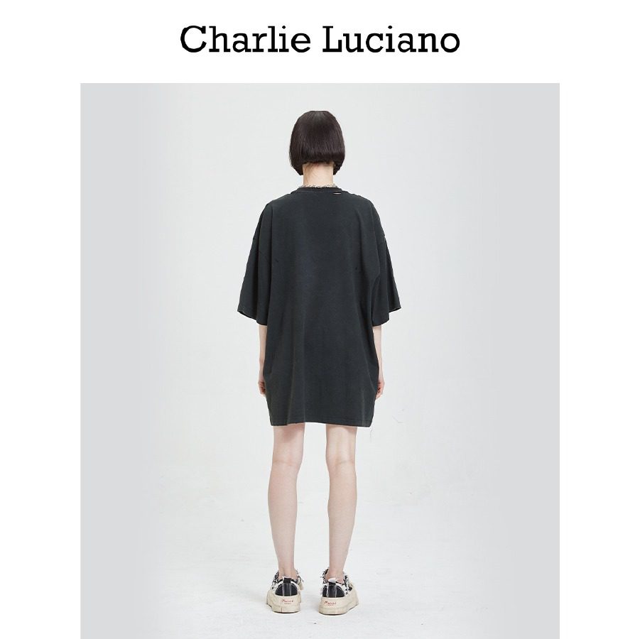 Charlie Luciano Scarecrow Dream Distressed T-Shirt Glow-in-the-Dark Edition Dark Grey fabric detail