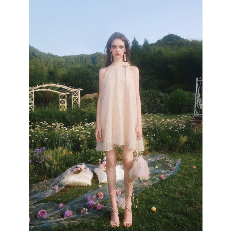 Guo Jingyi Champagne Shimmer Silk Dress with Tie and A-Swing back view