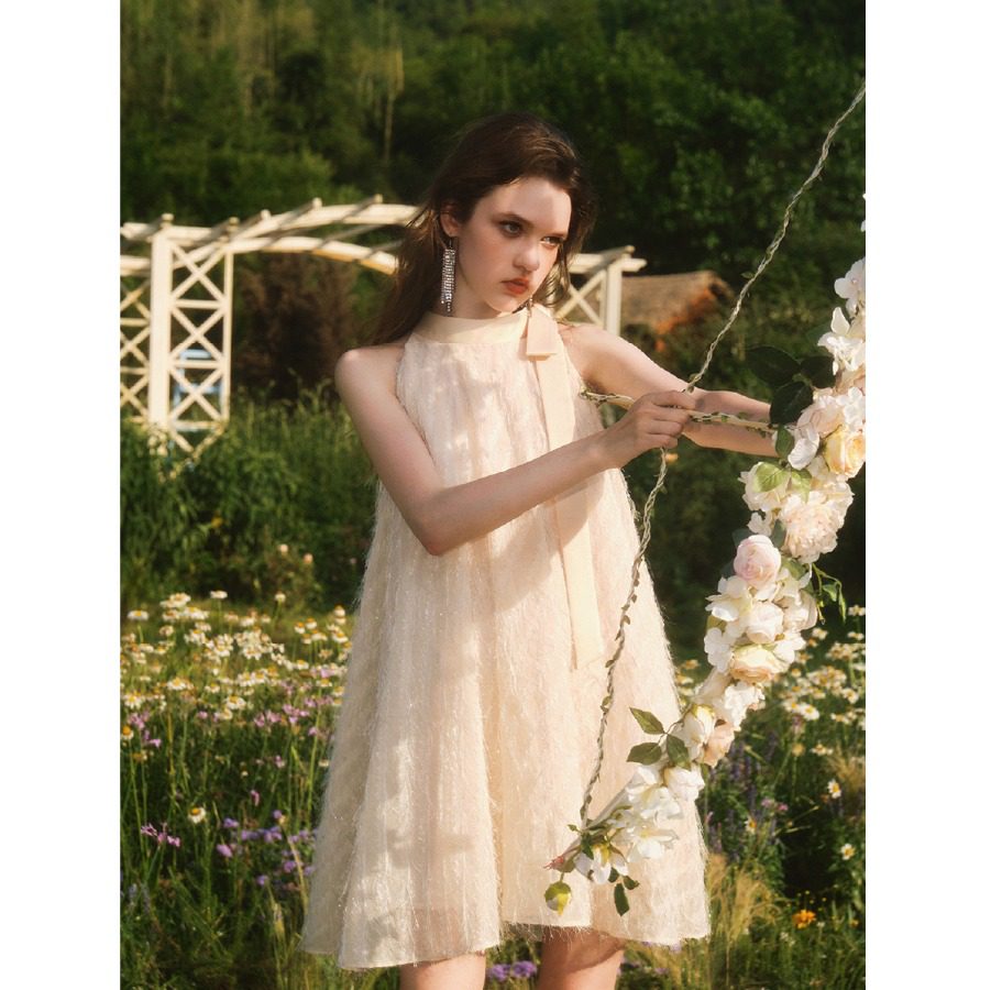 Guo Jingyi Champagne Shimmer Silk Dress with Tie and A-Swing detail view