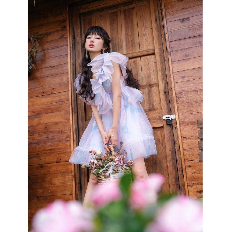 Guo Jingyi Alice Ruffle High-Waist Puff Tulle Dress back view