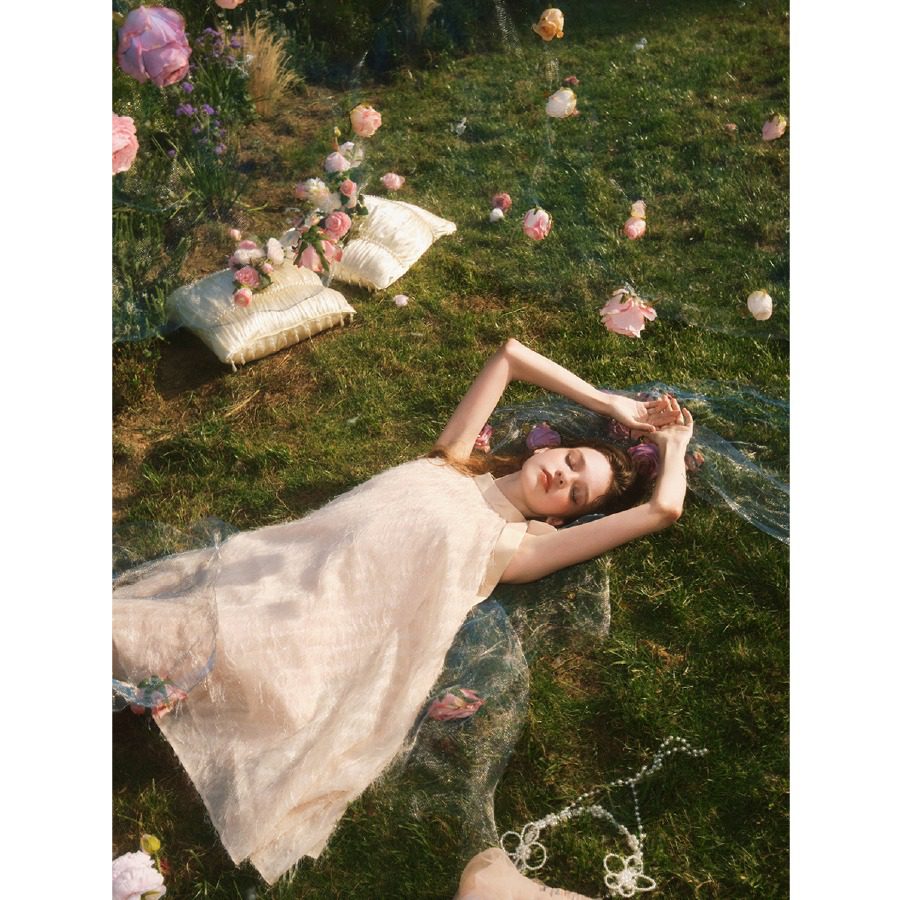 Guo Jingyi Champagne Shimmer Silk Dress with Tie and A-Swing front view