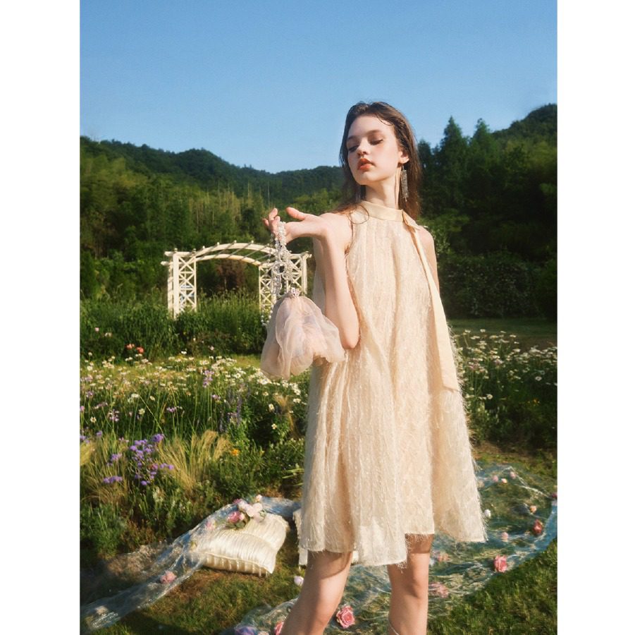 Guo Jingyi Champagne Shimmer Silk Dress with Tie and A-Swing fabric detail