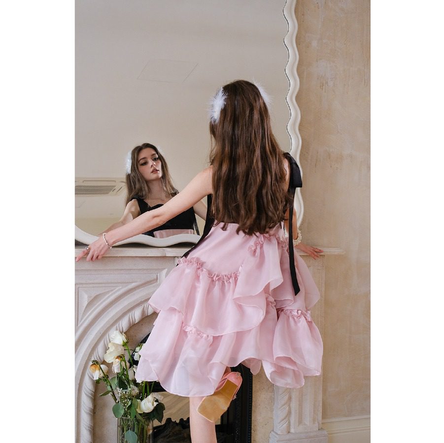 Guo Jingyi Black and Pink Asymmetrical Satin Tulle Sundress product image 5