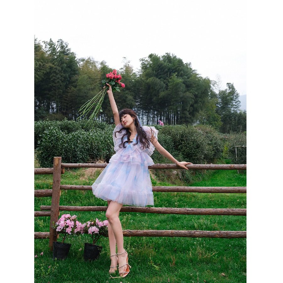 Guo Jingyi Alice Ruffle High-Waist Puff Tulle Dress detail view