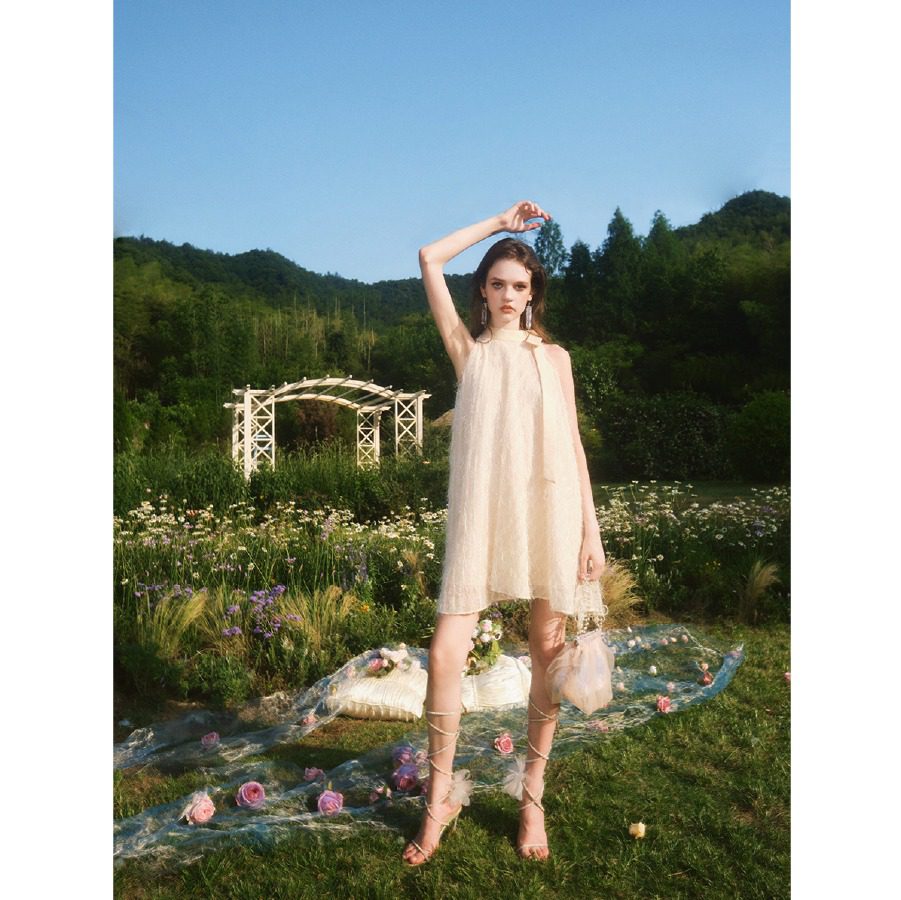 Guo Jingyi Champagne Shimmer Silk Dress with Tie and A-Swing product image 5