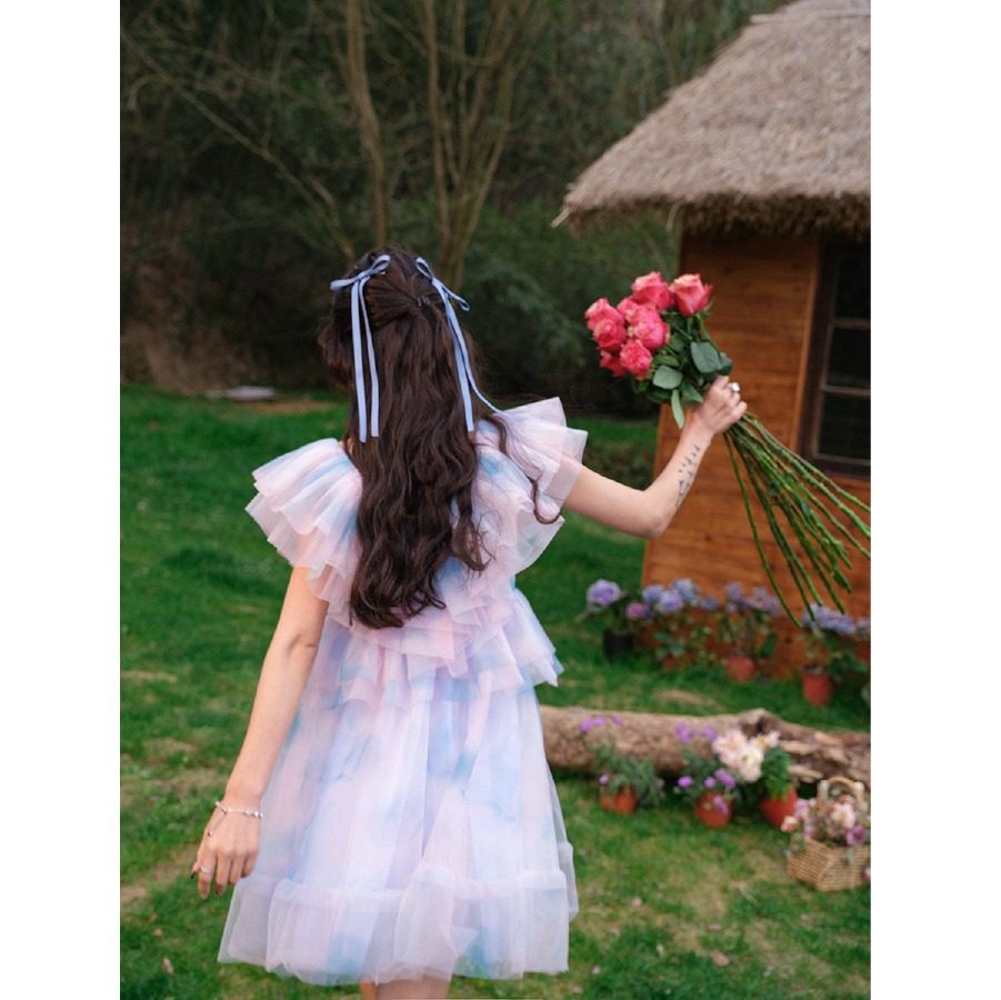 Guo Jingyi Alice Ruffle High-Waist Puff Tulle Dress fabric detail