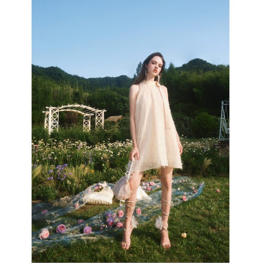 Guo Jingyi Champagne Shimmer Silk Dress with Tie and A-Swing product image 7
