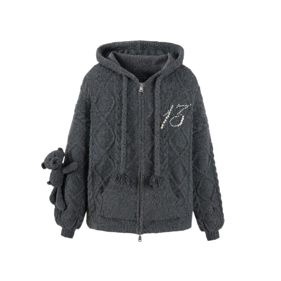 13De Marzo Plush Bear Pearl Logo Knit Coat Grey