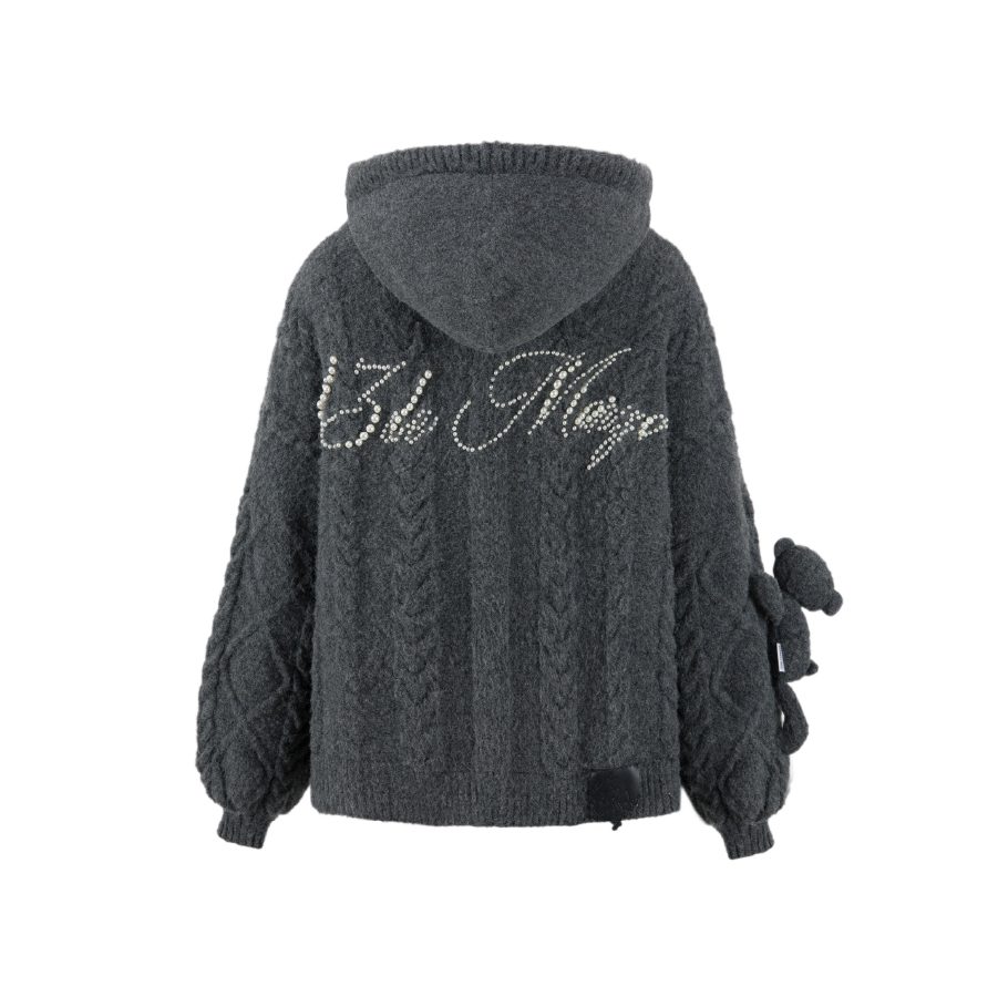 13De Marzo Plush Bear Pearl Logo Knit Coat Grey fabric detail