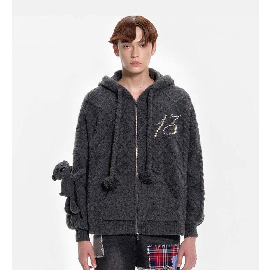 13De Marzo Plush Bear Pearl Logo Knit Coat Grey front view