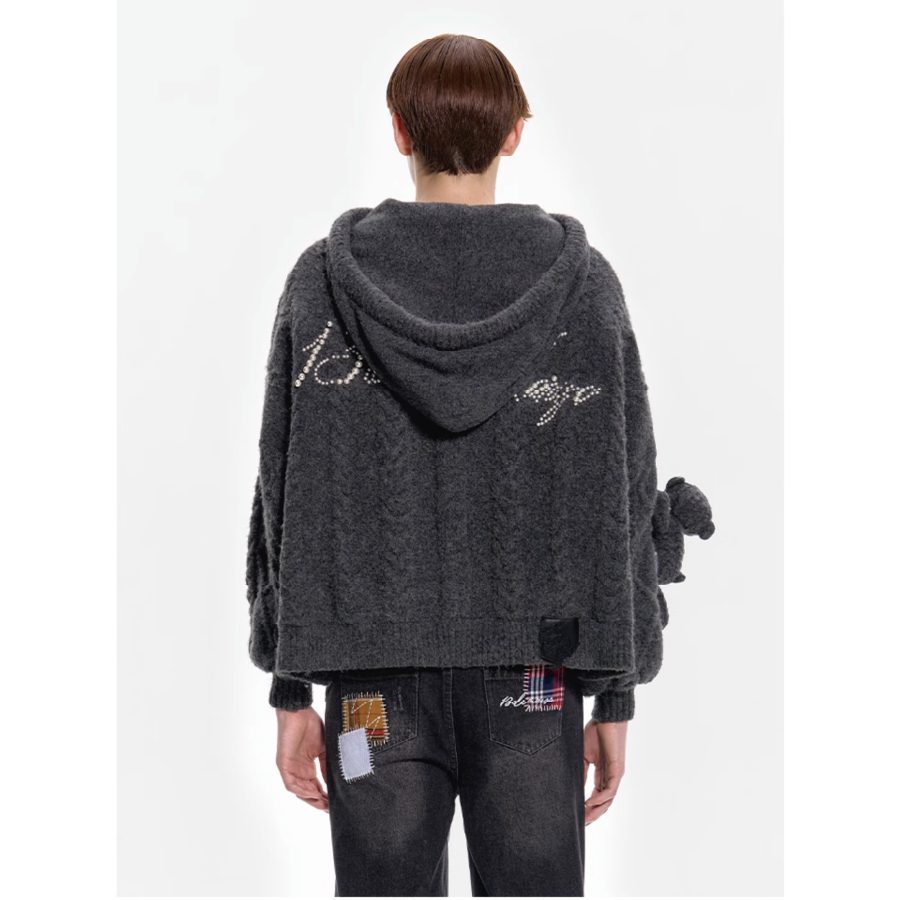 13De Marzo Plush Bear Pearl Logo Knit Coat Grey back view