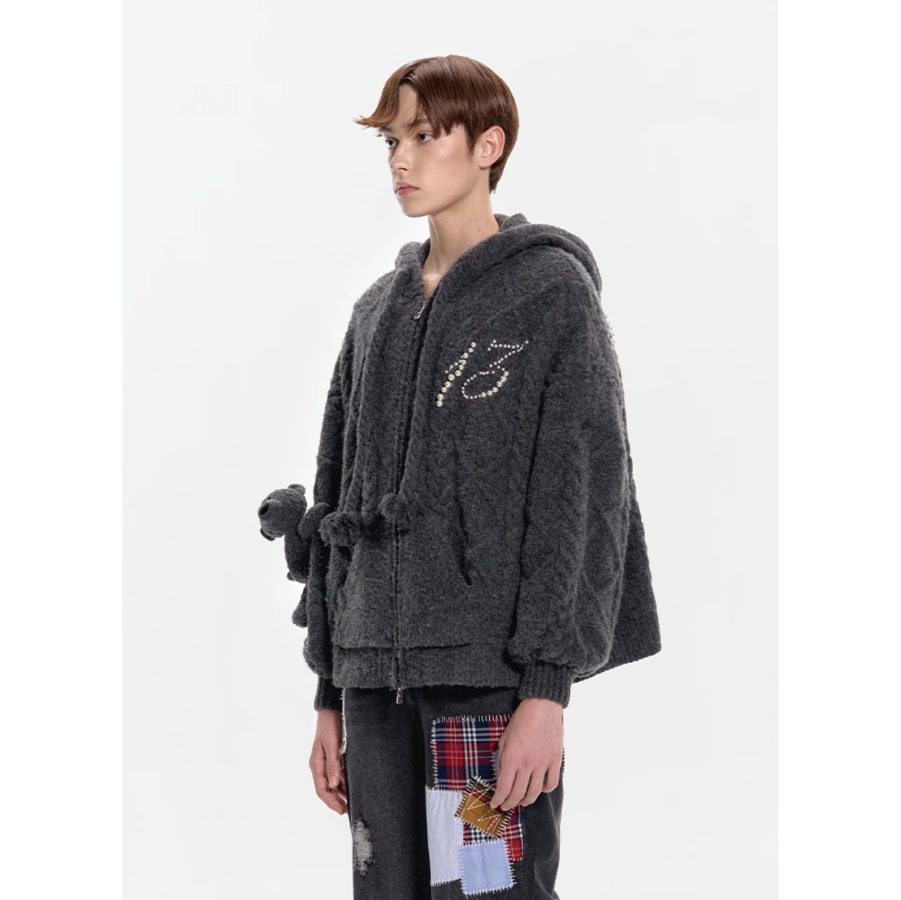 13De Marzo Plush Bear Pearl Logo Knit Coat Grey detail view