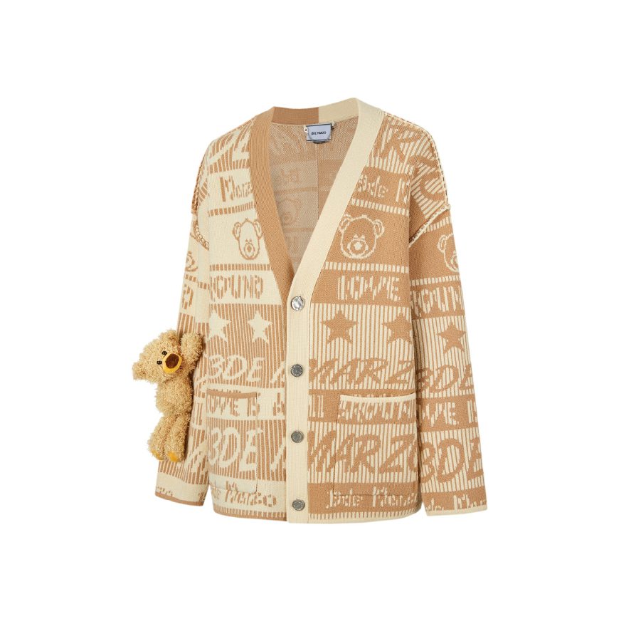 13De Marzo Bear Weave Knit Cardigan Khaki fabric detail