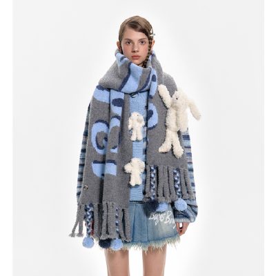 13De Marzo Plush Rabbit Weave Knit Ball Scarf Grey front view