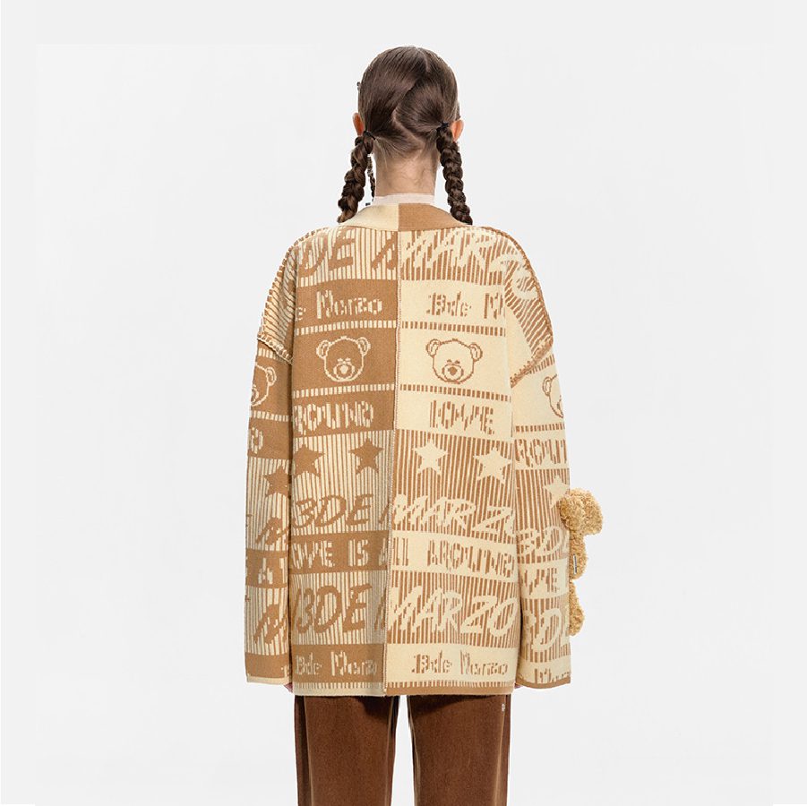 13De Marzo Bear Weave Knit Cardigan Khaki back view