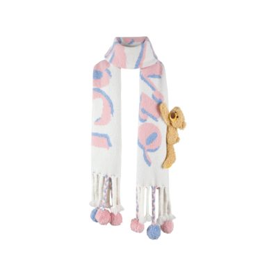13De Marzo Plush Bear Weave Knit Ball Scarf White