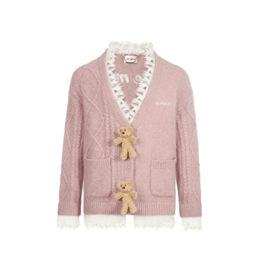13DE MARZO BEAR BUTTON UNEDGED CARDIGAN PINK