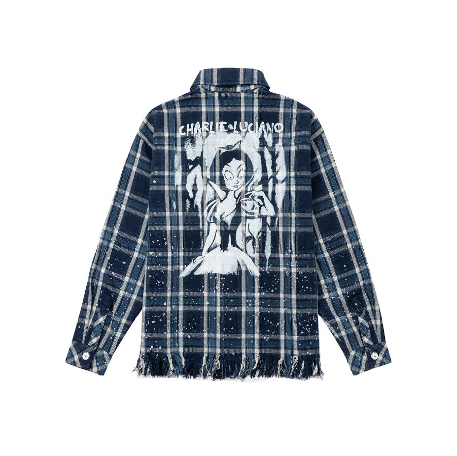 Charlie Luciano Snow White Print Retro Style Plaid Shirt Blue