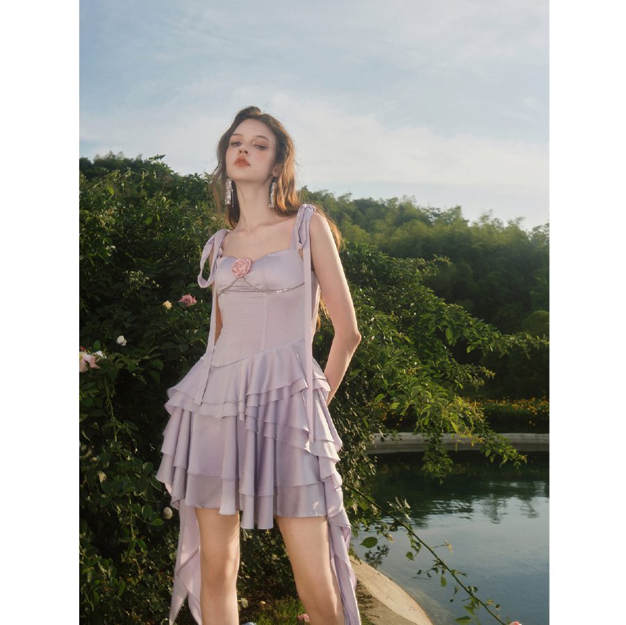 Guo Jingyi Lilac Purple Floral Ruffle Flutter Halter Dress