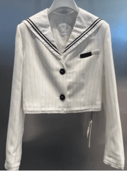 REVAN Nautical Grace Sailor Collar Striped Cropped Blazer White