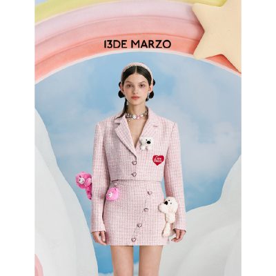 13De Marzo X Care Bears Heart Button Tweed Skirt Pink