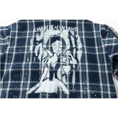 Charlie Luciano Snow White Print Retro Style Plaid Shirt Blue - Image 3