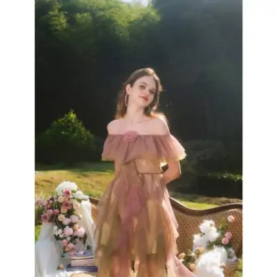 Guo Jingyi Oil Painting Ruffle Tassel Flutter One Shoulder Dress - Image 6