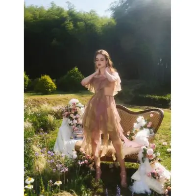 Guo Jingyi Oil Painting Ruffle Tassel Flutter One Shoulder Dress - Image 7
