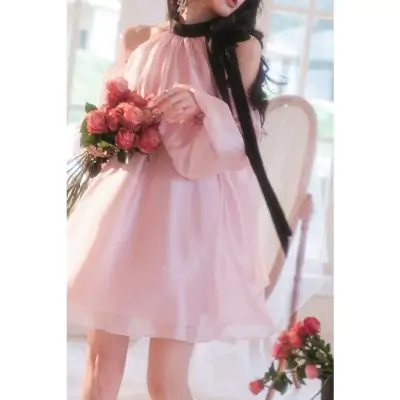 Guo Jingyi Pink Satin Off-Shoulder Tie Dress