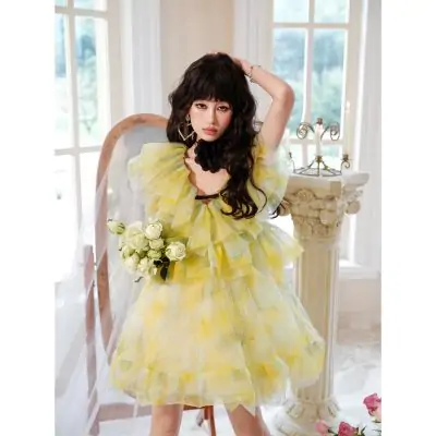 Guo Jingyi Emerald Enchantment Ruffle High-Waist Puff Tulle Dress - Image 5