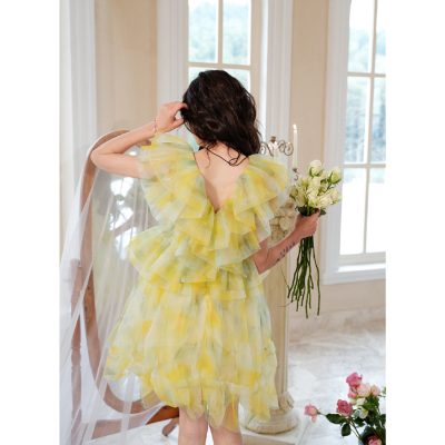 Guo Jingyi Emerald Enchantment Ruffle High-Waist Puff Tulle Dress