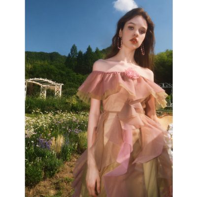 Guo Jingyi Oil Painting Ruffle Tassel Flutter One Shoulder Dress