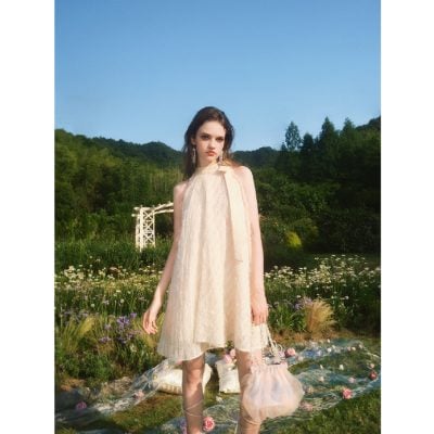 Guo Jingyi Champagne Shimmer Silk Dress with Tie and A-Swing