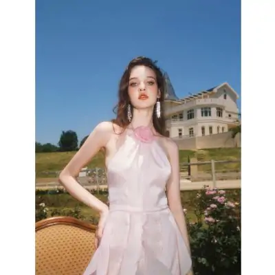 Guo Jingyi Pink Peony Floral Ruffle Fringe Backless Dress