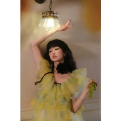 Guo Jingyi Emerald Enchantment Ruffle High-Waist Puff Tulle Dress - Image 4